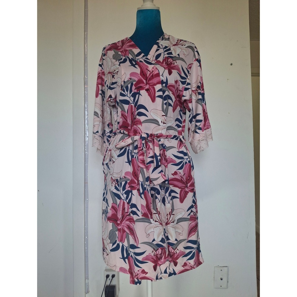 Flora Nikrooz Womens Pink Lily Floral Lace Trim Short Robe XS Q81320